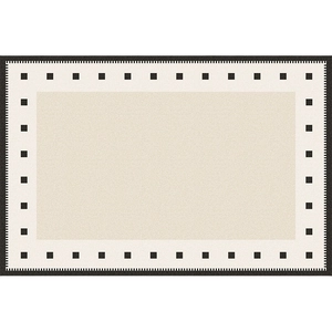Washable chenille area rug in beige with cream border and black geometric pattern