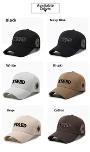 Detailed grid view showing six colors of baseball caps with 3D letter embroidery