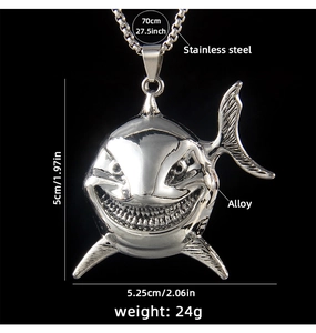 Detailed size chart for the stainless steel shark pendant necklace with measurements in inches
