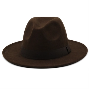 Detailed view of deep brown wool felt fedora with matching wide ribbed ribbon band