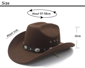 Détails d'un chapeau de cowboy marron en feutre avec dimensions et bande décorative