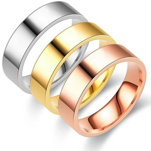 Polished titanium steel band rings in silver, gold, and rose gold finishes for couples