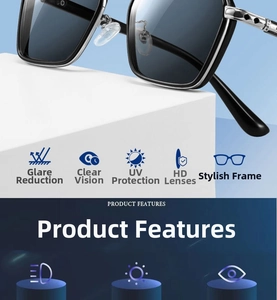 Detail of square sunglasses with silver metal temples and UV protection features