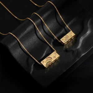 Gold 18K plated star and moon pendant necklace with colorful cubic zirconia stones
