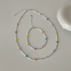 Colorful crystal bead necklace and bracelet set with silver finish and lobster clasp