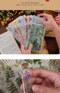 Macro detail of transparent PET botanical stickers and vintage glass bottle with lavender