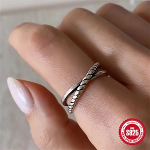 Vintage S925 sterling silver open ring with cross twist design and high polish finish