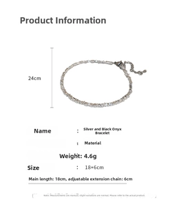 Detail view of silver bead bracelet with adjustable lobster clasp and size dimensions