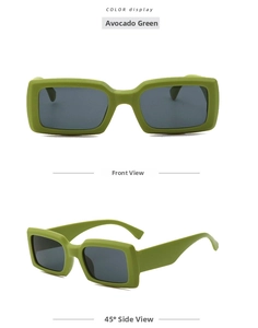 Front and 45-degree angle view of vintage square avocado green chunky sunglasses