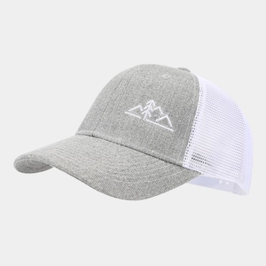 Detail of mountain embroidery on gray and white breathable mesh trucker baseball cap