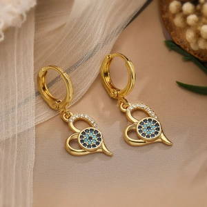 18K gold plated heart earrings with blue and white zircon evil eye design in hollow style