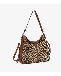 Detail of leopard print tote bag with brown leather straps and tassel decoration