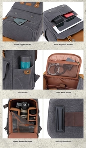 Macro view of camera backpack compartments, side pockets and non-slip feet details
