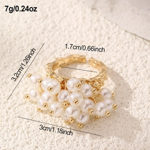 Golden pearl cluster ring detail with vintage lava texture and product dimensions