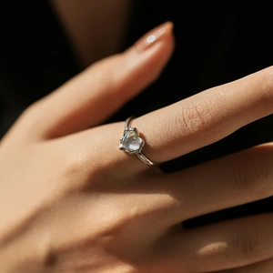 S925 silver heart moonstone open ring featuring a blue iridescent gemstone for women