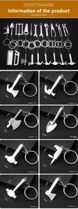 Mini metal tool keychain collection showing detailed wrench, hammer and axe dimensions