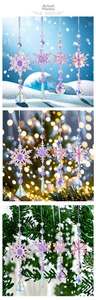 Set of four iridescent crystal snowflake suncatchers hanging in Christmas tree settings
