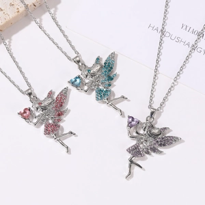 Rainbow gradient fairy necklaces with colorful crystal heart pendants and silver chain