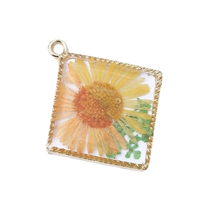 Square gold flower pendant with real yellow dried daisy encased in clear resin