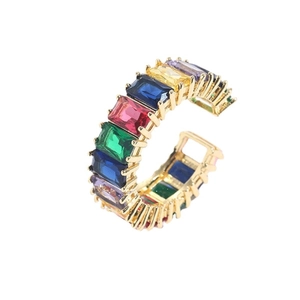Gold plated open ring featuring multi-colored cubic zirconia gemstones in a C-shape design