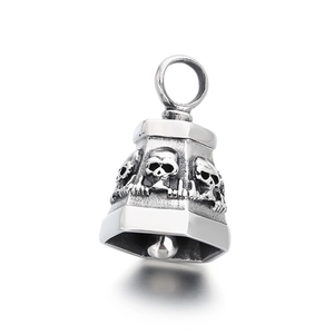 Punk style stainless steel skull bell pendant with vintage silver finish on white background
