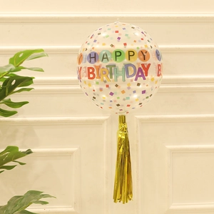 22 inch transparent 4D balloon with Happy Birthday print and gold fringe tassel