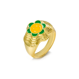 18K gold plated ring featuring a green enamel flower with a yellow smiley face