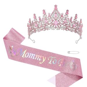 Pink Mommy To Be sash and rhinestone crown tiara set for baby shower parties