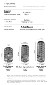 Size chart for glass candle holders showing heights 8cm, 11cm, and 14cm with specifications