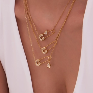 Three-layer 18k gold plated safety pin necklaces with cubic zirconia C pendants