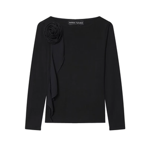 Black long-sleeve T-shirt for women featuring an elegant 3D rose flower decoration