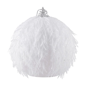 White Christmas plush foam ball ornament with feathered texture and silver hanging ring