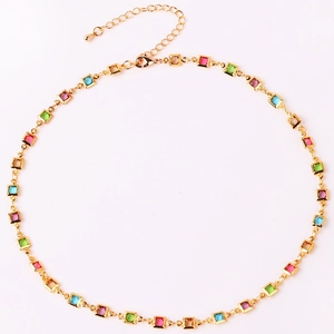 18K gold plated necklace featuring colorful square zircon stones on a fine adjustable chain