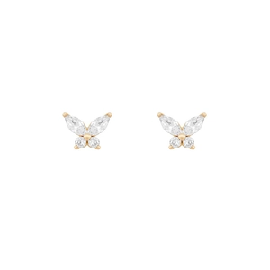Close-up of golden butterfly stud earrings with sparkling marquise cut zirconia stones