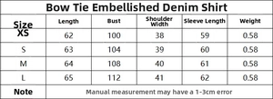 Size guide for bow denim shirt including length, chest, shoulder, and sleeve measurements