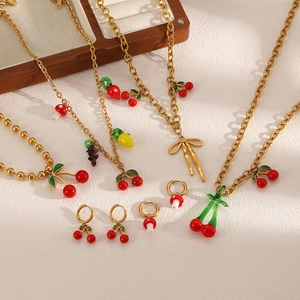 Stainless Steel Fruit Pendant Necklace And Hoop Earrings Cherry Grape Enamel Charm Fashion Jewelry For Women