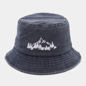 Cappello pescatore vintage in cotone lavato con ricamo foresta montana per outdoor