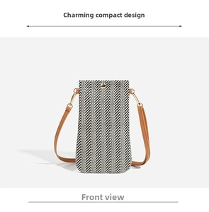 Vertical woven straw mobile phone bag with black and white pattern and brown strap