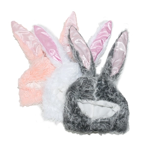 Plush bunny ear hats in pink, white and gray for winter warmth and costume parties