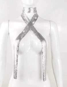 Detailed view of silver sequin metal scarf necklace styled on a mannequin neck