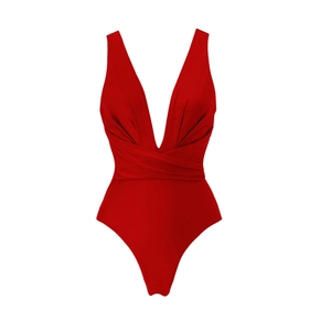 Detailed view of red one-piece swimsuit with deep V-neck and ruched pleated fabric texture