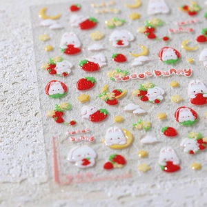 3D jelly texture nail stickers featuring sweet white bunnies and red strawberries