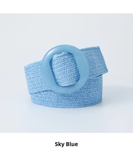 Detail of sky blue elastic woven waist belt with a matching round resin buckle for dresses