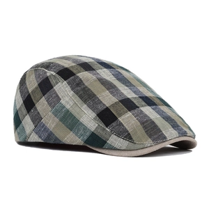 Men's plaid flat cap in cotton linen blend with dark green and grey check patterns