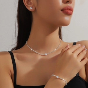 Simple Alloy Rhinestone Jewelry Set Round Necklace Earrings Bracelet With 925 Sterling Silver Post Fashion Women Party Jewelry