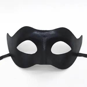 Detail shot of black semi-face masquerade mask showing matte texture and ribbon ties