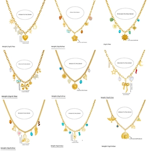 Collection of nine gold necklaces with heart, cross, and star charms in grid layout