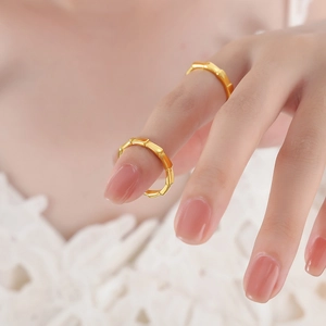 Elegant minimalist bamboo joint titanium steel rings for couples in polished gold finish