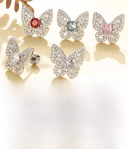 Detailed size specifications for stainless steel butterfly stud earrings with colorful zircon