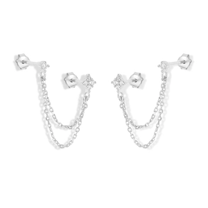 Detail of S925 sterling silver double chain earrings with zircon studs for multiple piercings
